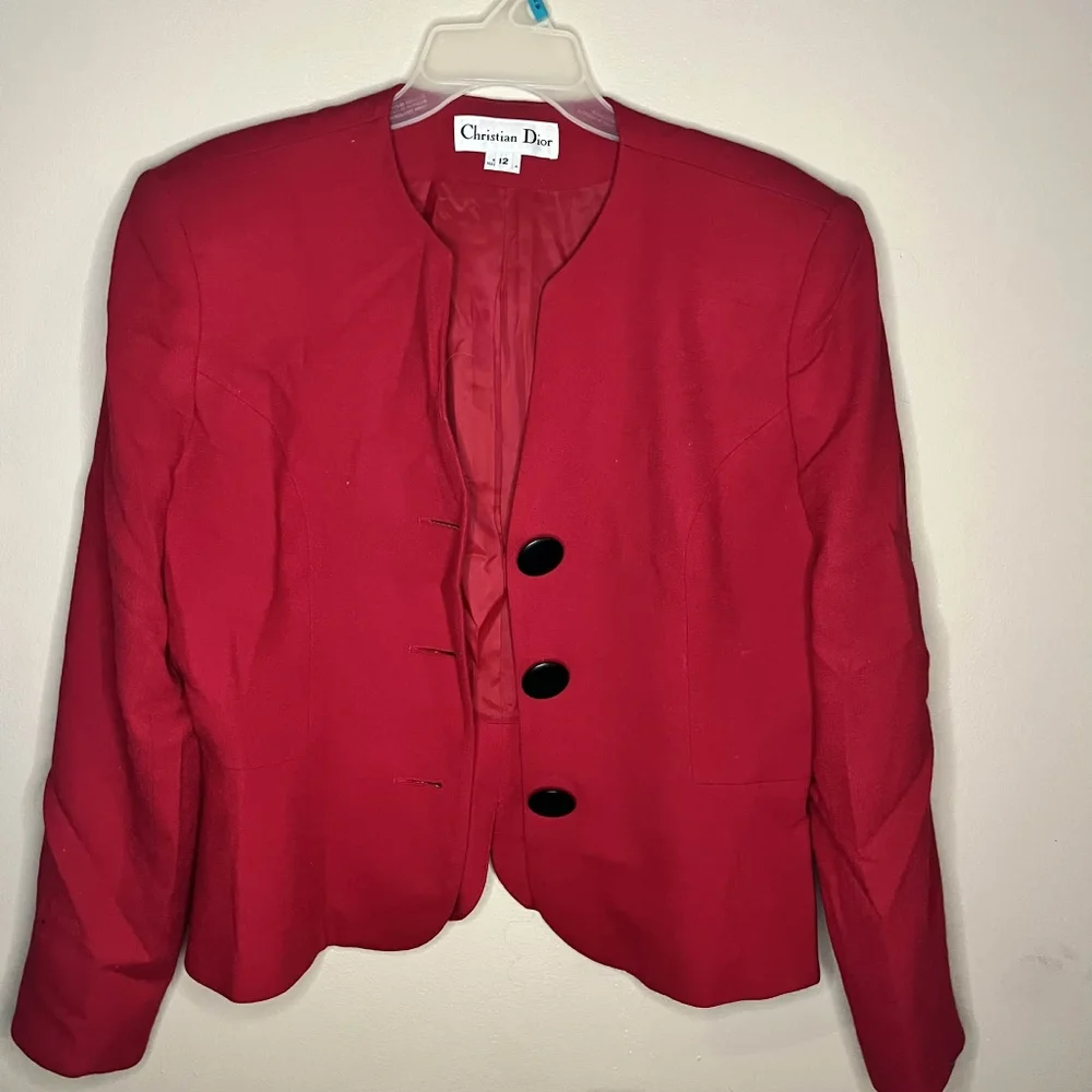 Christian Dior Vintage Red Wool Made In USA Blazer With Black Buttons Size 12